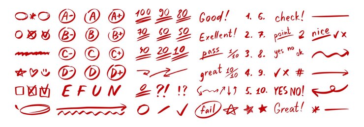Vector english test exam red pen mark school teacher test a b c d doodle outline hand drawn style vector