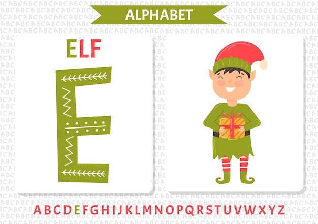 English uppercase alphabet letters on a white background Letter E Vector illustration green holiday elf
