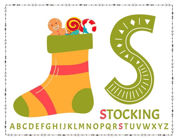 English uppercase alphabet letters on a white background Letter s Vector illustration christmas sock