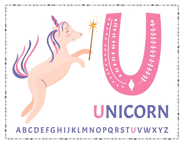 Vettore lettere dell'alfabeto maiuscolo inglese su sfondo bianco lettera u illustrazione vettoriale unicorno magico con una bacchetta magica
