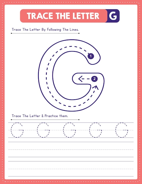 English Uppercase Letter Tracing handwriting worksheet and arrow direction alphabet G