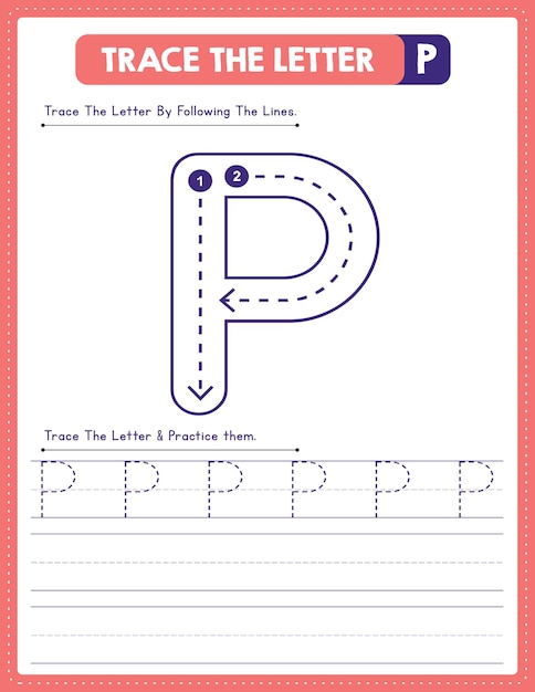 Vector english uppercase letter tracing handwriting worksheet and arrow direction alphabet p