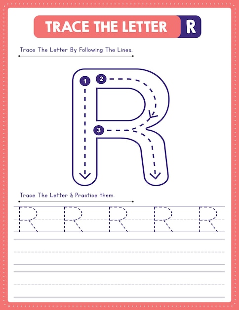 English uppercase letter tracing handwriting worksheet and arrow direction alphabet R