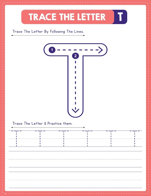 English uppercase letter tracing handwriting worksheet and arrow direction alphabet T