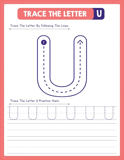 English uppercase letter tracing handwriting worksheet and arrow direction alphabet U