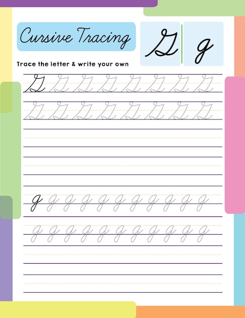 Vector english uppercase lowercase letter tracing handwriting worksheet alphabet g