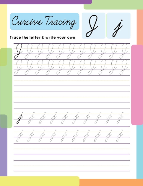 Vector english uppercase lowercase letter tracing handwriting worksheet alphabet j