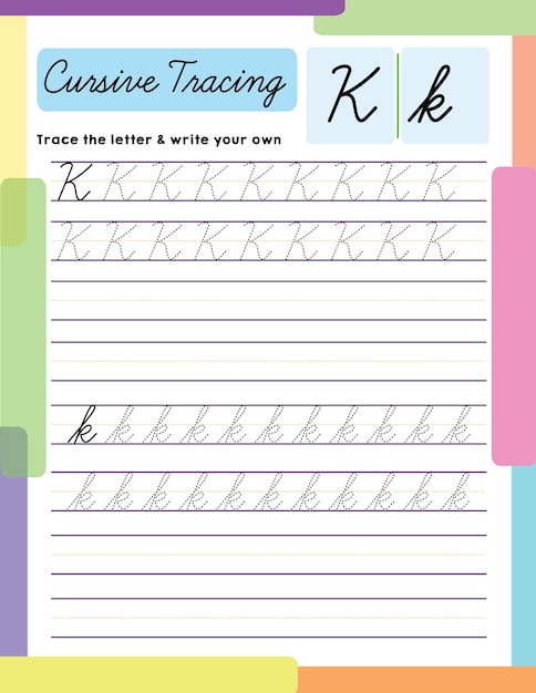 Английская прописная строчная буква, отслеживающая почерк, рабочий лист, алфавит k