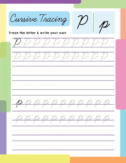 Vector english uppercase lowercase letter tracing handwriting worksheet alphabet p