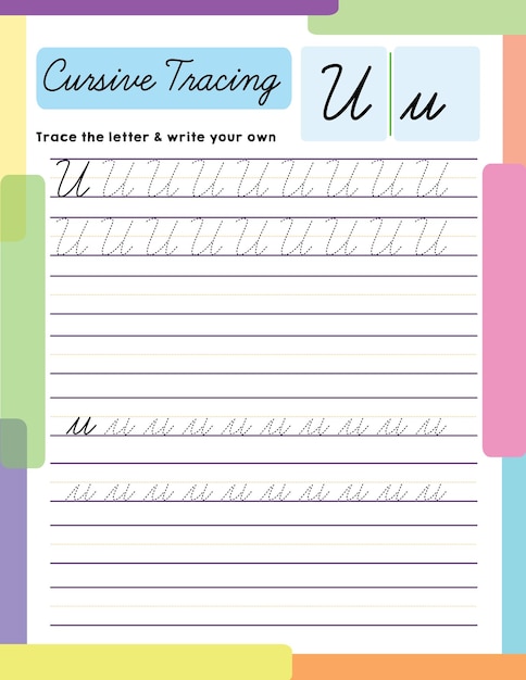 Vector english uppercase lowercase letter tracing handwriting worksheet alphabet u