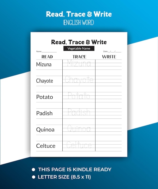 Vettore leggere e scrivere parole in inglese per bambini libro di attività di tracciamento di parole