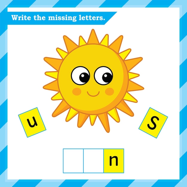 Vector english worksheet for kids - write the missing letters - alphabet practice worksheet - sun