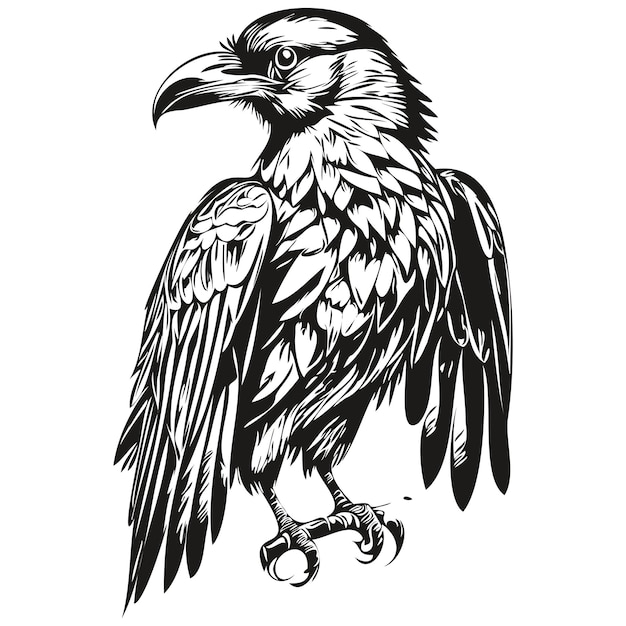 Engrave Raven illustration in vintage hand drawing style corbie