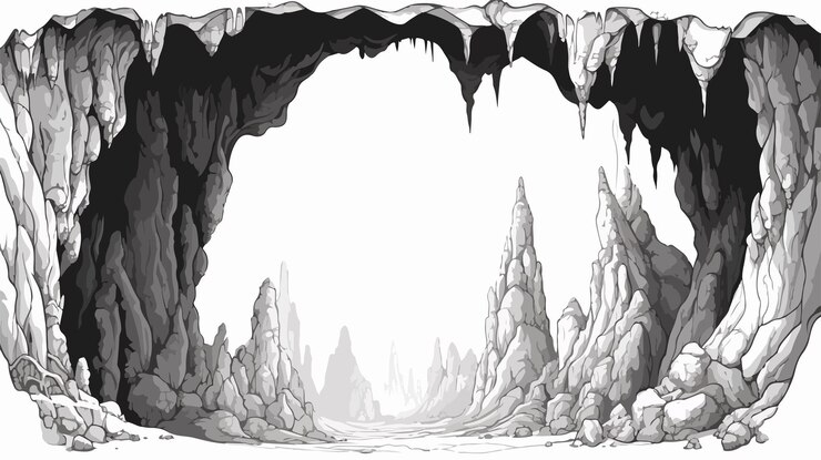 Vector engraved cave in mountain with stalactites illustration