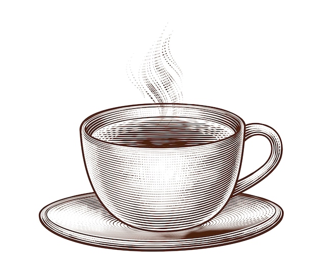 Engraved cup of coffee on white background