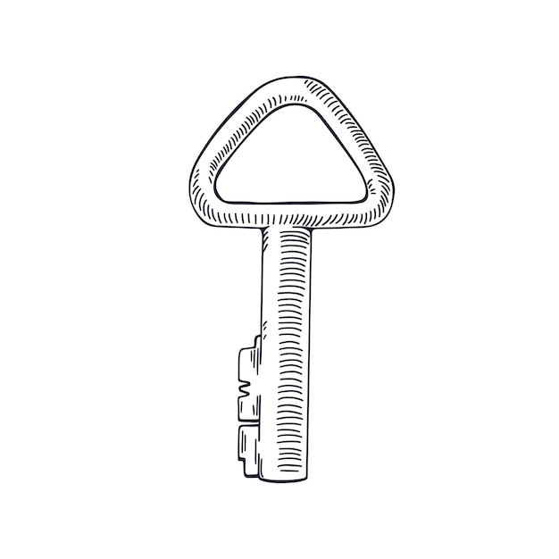 Disegno inciso della chiave della porta sagomata delineata. schizzo inciso dell'elemento di chiusura della casa disegnato in stile retrò vintage dettagliato. illustrazione vettoriale imprecisa disegnata a mano isolata su sfondo bianco