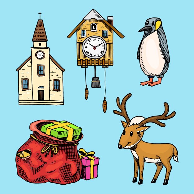Vector engraved hand drawn in old sketch and vintage style for label merry christmas or xmas new year collection winter holiday decoration cuckoo clock chapel and penguin bag with gifts and deer