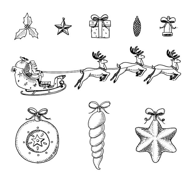 Vector engraved hand drawn in old sketch and vintage style for label merry christmas or xmas new year collection winter holiday decoration holly and santa claus with deer and decorations or toys