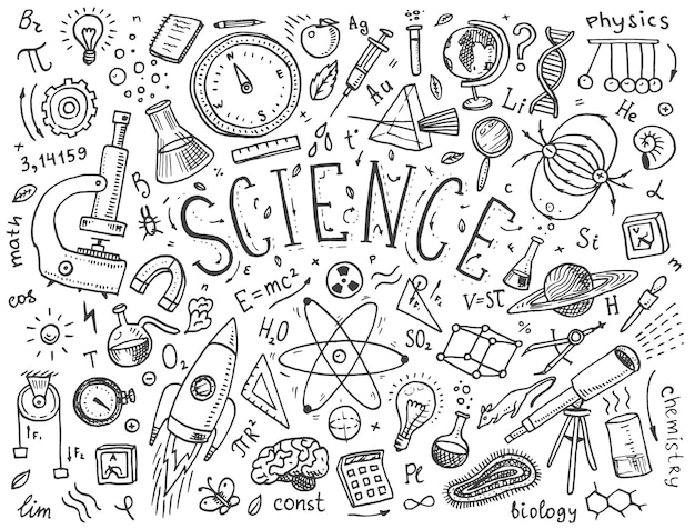 Inciso disegnato a mano in vecchio schizzo e formule scientifiche e calcoli in stile vintage in fisica e matematica, chimica e biologia o astronomia su lavagna istruzione e scienza