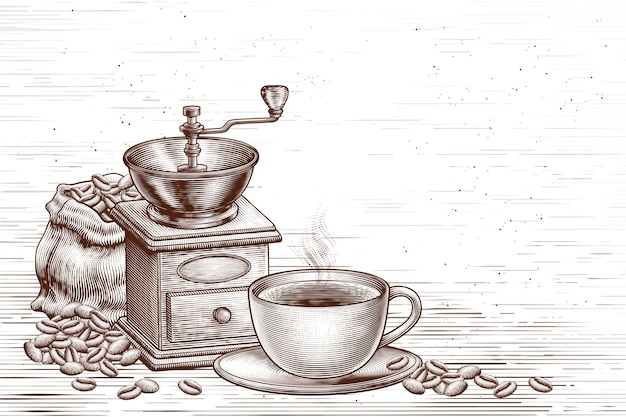 茶色と白で刻まれたレトロなコーヒーショップの背景