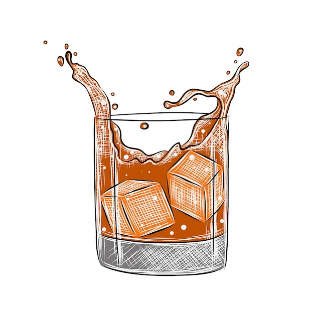 Vector engraved scotch whiskey alcoholic cocktail with ice cubes splashes for posters decoration and logo