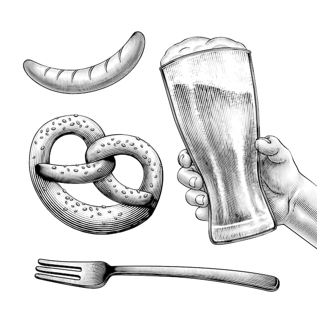 Гравированный символ фестиваля пива в стиле, такой как крендели, пиво, сосиски на белом фоне