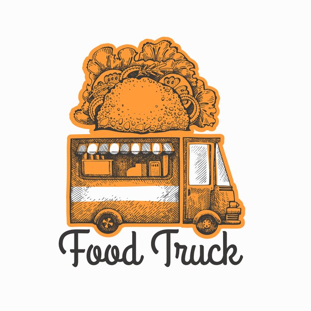 Engraved style tacos truck retro design.