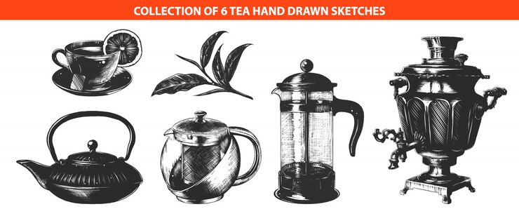 वेक्टर engraved style tea drink collection 