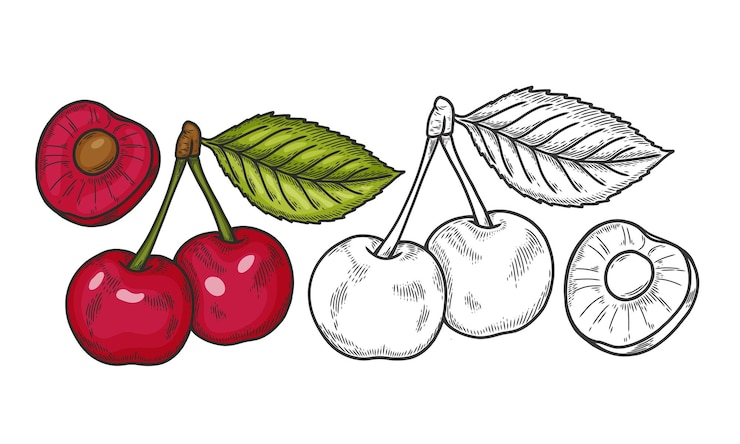 Vector engraved vector illustration of a cherries with cherry half and cherry leaf hand drawn cherry