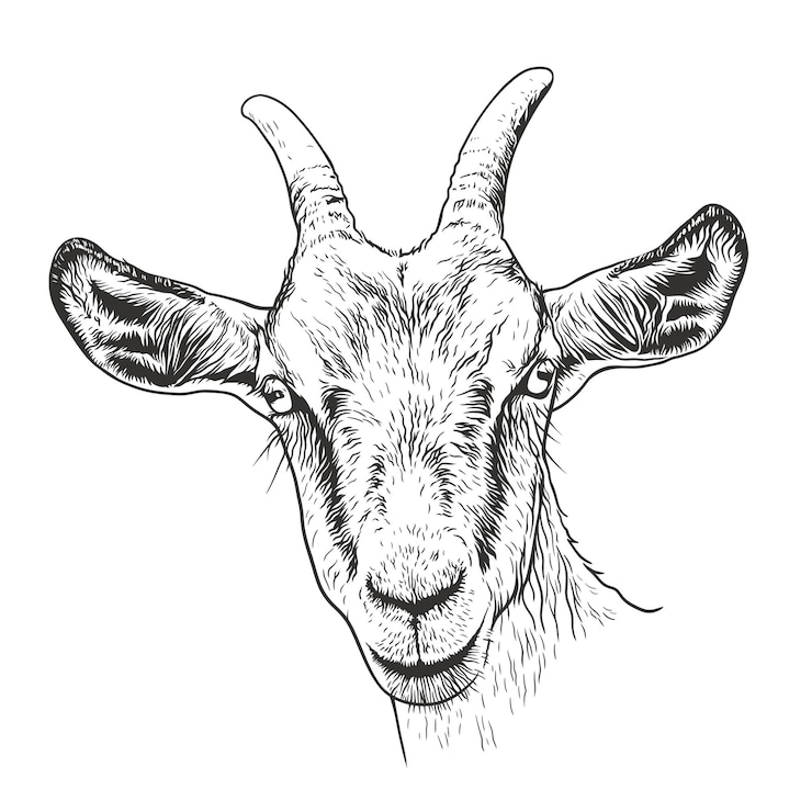 Vector engraved vector illustration of a goat head in scratch board style black and white handdrawn image