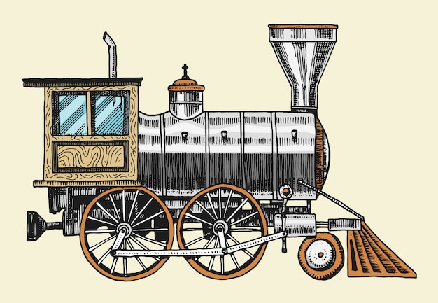 Vector engraved vintage, hand drawn, old locomotive or train with steam on american railway. retro transport.