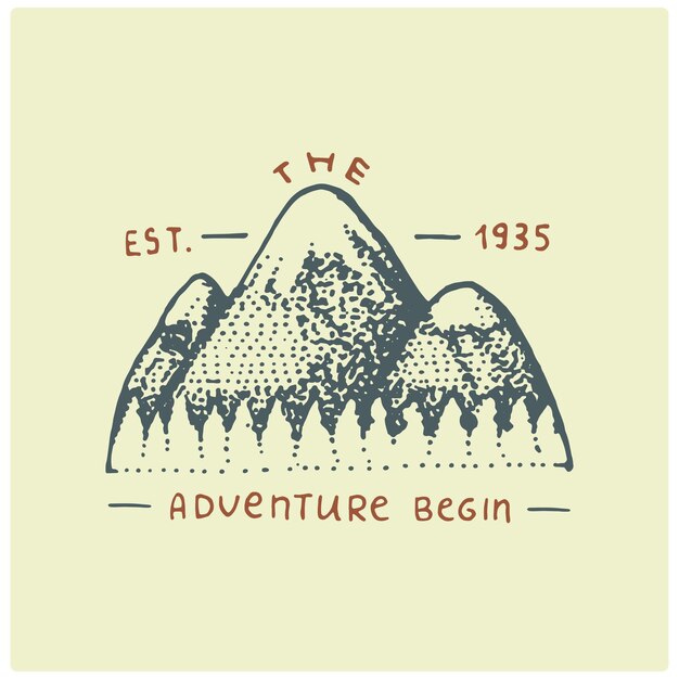 Engraved vintage logo with mountains in hand drawn sketch style old looking retro badge for national parks and camping alpine and hiking theme