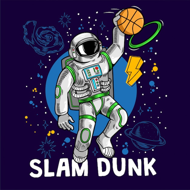 Engraving astronaut play basketball and make slam dunk between stars planets galaxies.