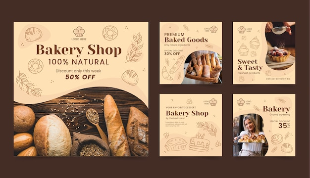 Vector engraving bakery shop instagram posts