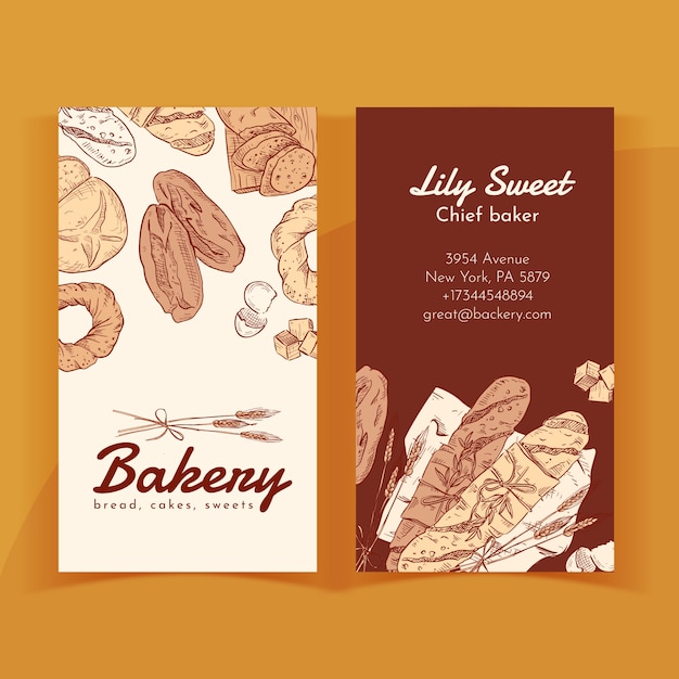 Vector engraving bakery vertical business card