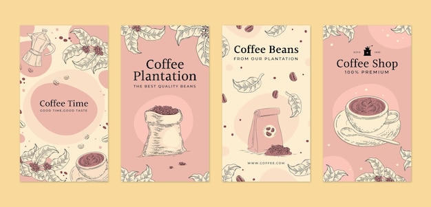Vettore incisione di storie di instagram di piantagioni di caffè