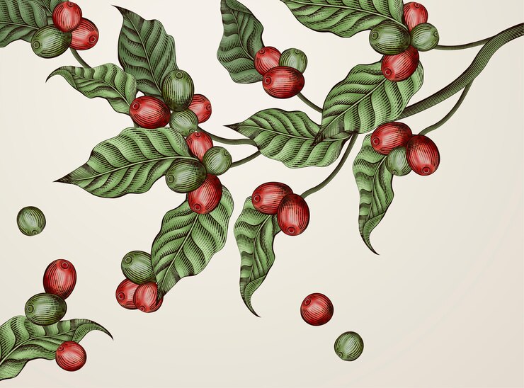 Vector engraving coffee plants, vintage decorative leaves and coffee cherries for  uses