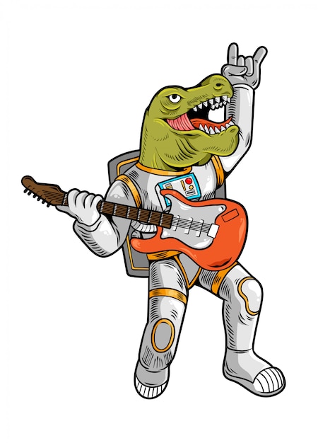 Engraving draw cool dude astronaut t rex tyrannosaurus rock star play on guitar in space suit.