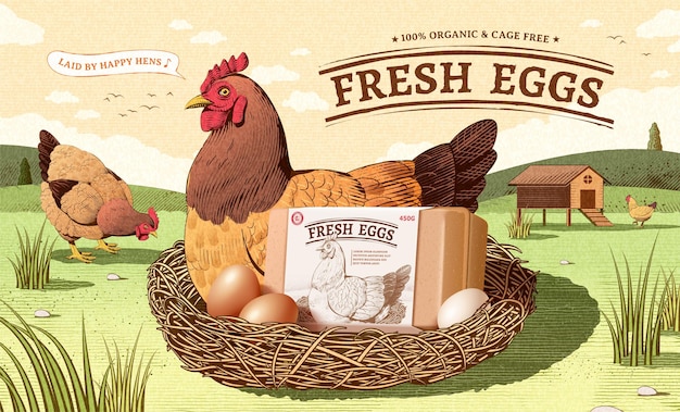 Engraving farm egg ad background