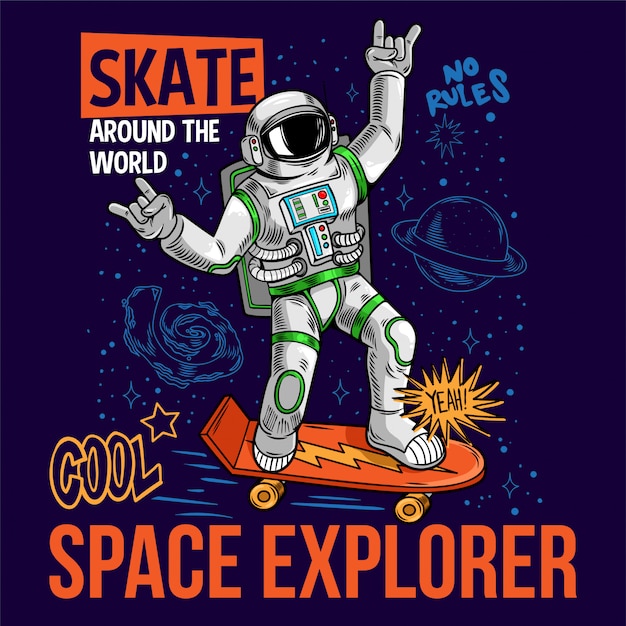 Гравюра забавного крутого чувака в скафандре-космонавте-космонавте катающегося на космическом скейтборде между звездами планет галактик. мультфильм комиксов поп-арт для печати дизайн футболки одежда плакат для детей.