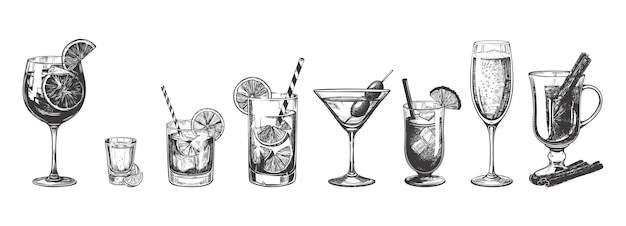 手描きのアルコールカクテルコレクションの刻 ベクトルイラスト