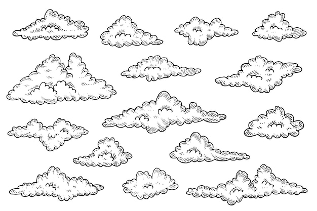 Vettore collezione di nuvole disegnate a mano con incisione