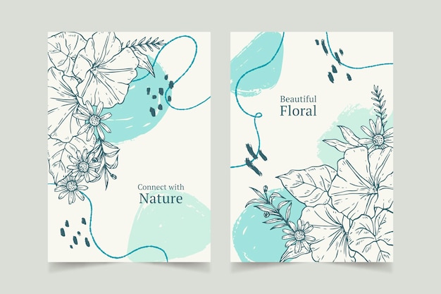 Vector engraving hand drawn floral cards collection