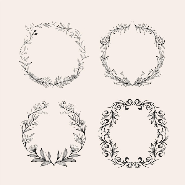 Engraving hand drawn floral wreaths collection