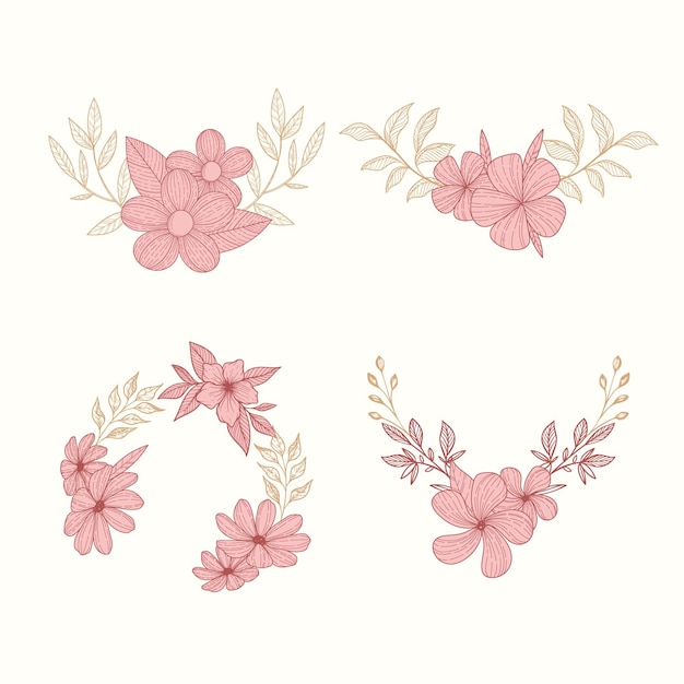 Vector engraving hand drawn floral wreaths collection