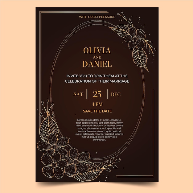 Vector engraving hand drawn golden wedding invitation template