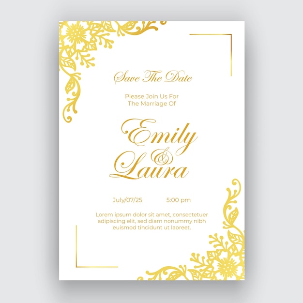 Vector engraving hand drawn golden wedding invitation template