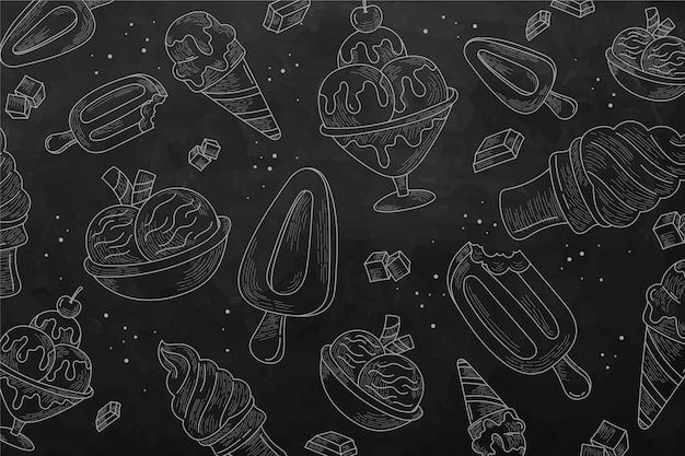 Engraving hand drawn ice cream blackboard background