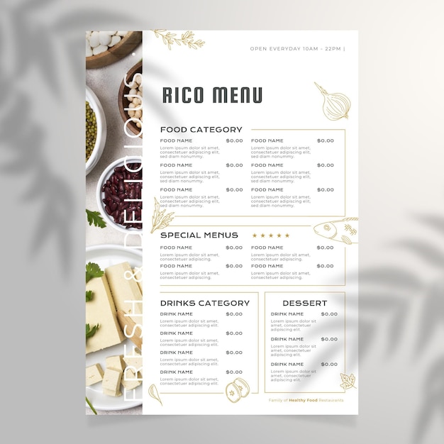 Vector engraving hand drawn rustic restaurant menu template with photo