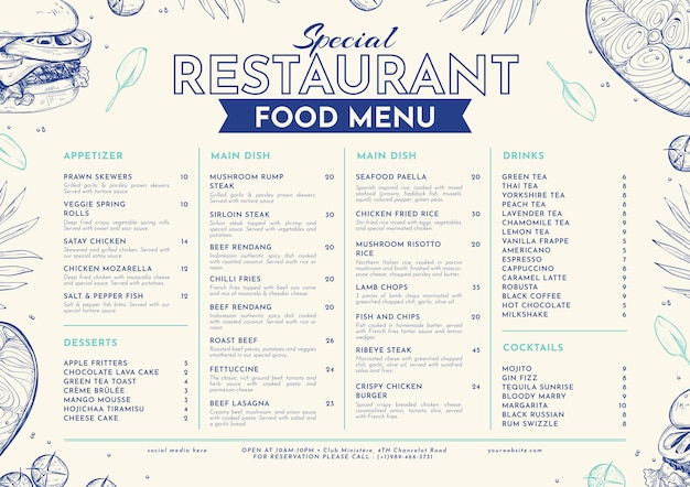 Vector engraving hand drawn rustic restaurant menu template